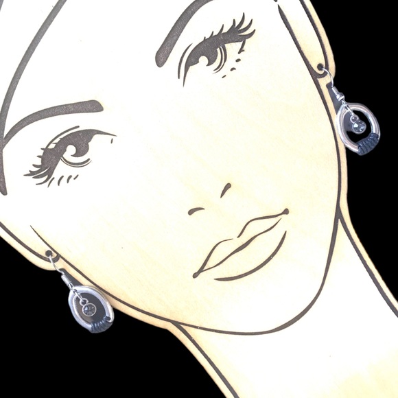 Silver Plated Black Cord Wrapped Oblong Hoop Pierced Earrings Woman’s Jewelry - Picture 3 of 3